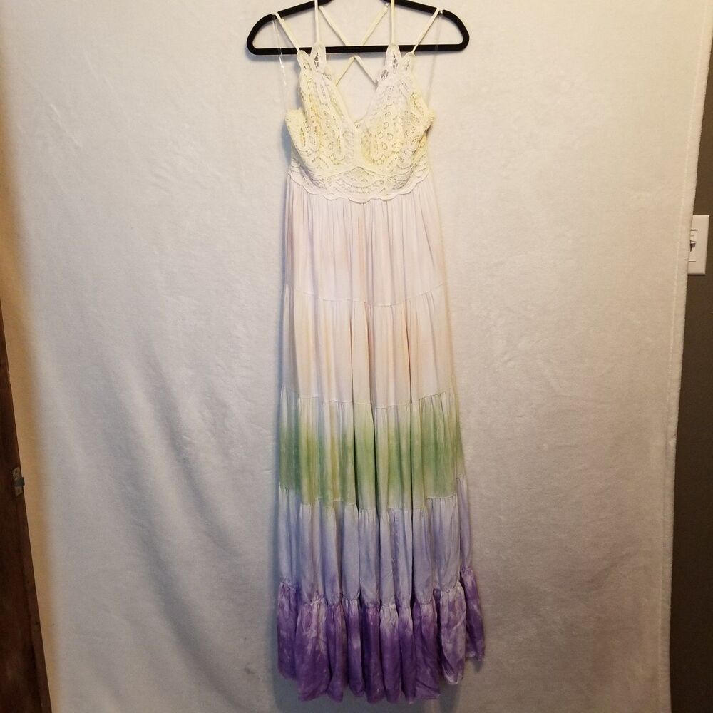 Main Strip M Dress Maxi Rayon Ombre Pastel Tie Dye Lace Bodice Fairy Coquette